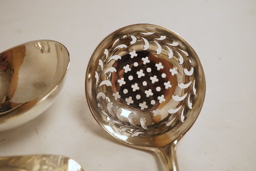 Two pairs of George III silver Old English pattern sauce ladles, Robert Sallam, London, circa 1770, 16.6cm and William Sumner I, London, 1788, together with a George III silver sifter spoon, by Eley & Fearn, London, 1796